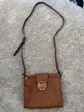 Michael Kors Brown Leather MK Logo Crossbody Bag